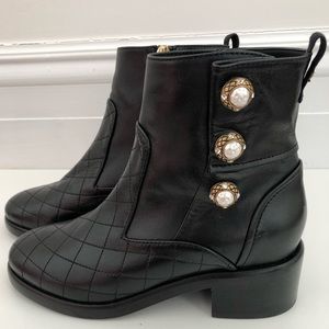 CHANEL Black Quilted Leather Ankle Boots with Pearl Button Detail